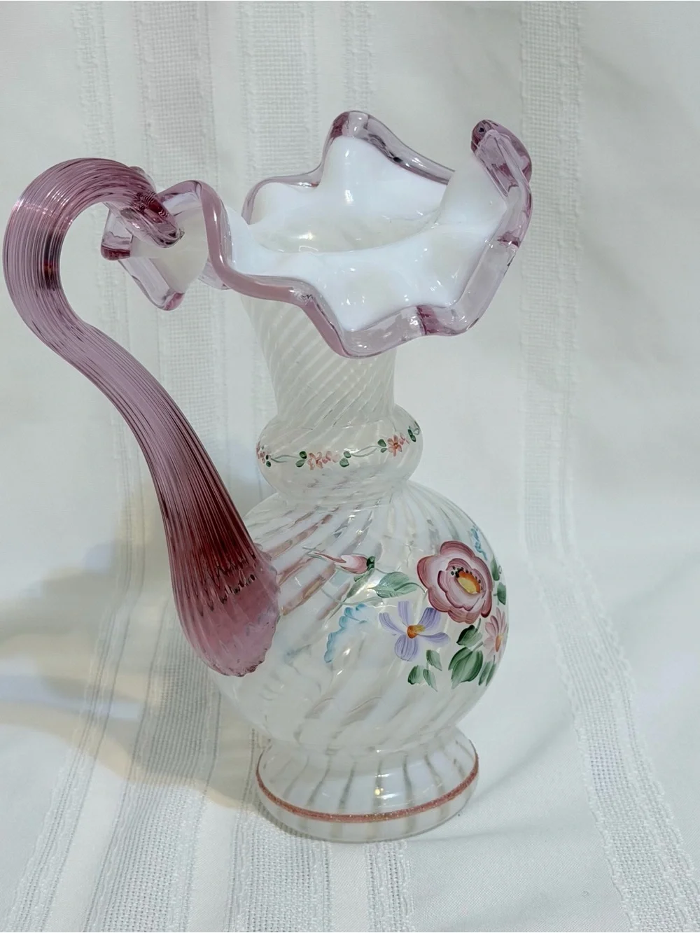 Fenton 1996 Commemorative Opalescent Purple Wavy Rim Hand Painted Pitcher Vase